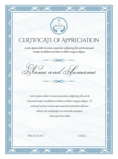 Certificate artwork from the supplied design